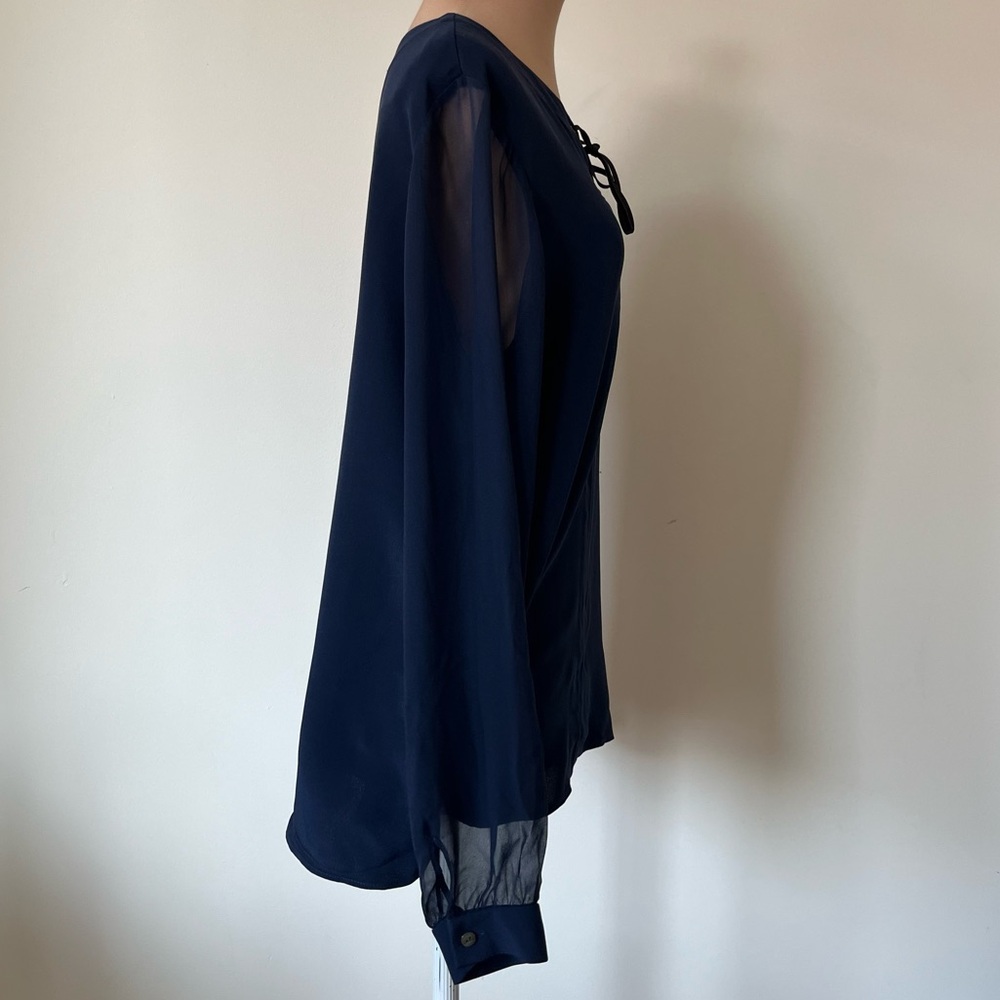 Ramy Brook Navy Blue Silk Lace Up V-Neck Sheer Long Sleeve Blouse Top EUC Size M - Picture 4 of 8